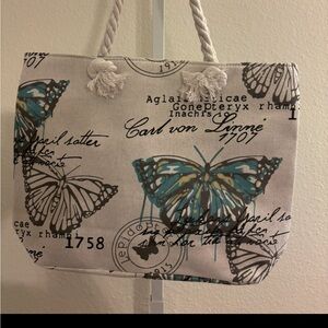 Butterfly Print Canvas Tote Bag with zipper on top